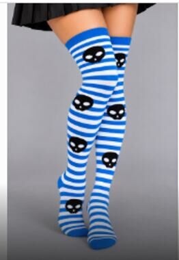 Unicfashion Blue White Striped Skull Thigh High Socks Size 4-10 NWT